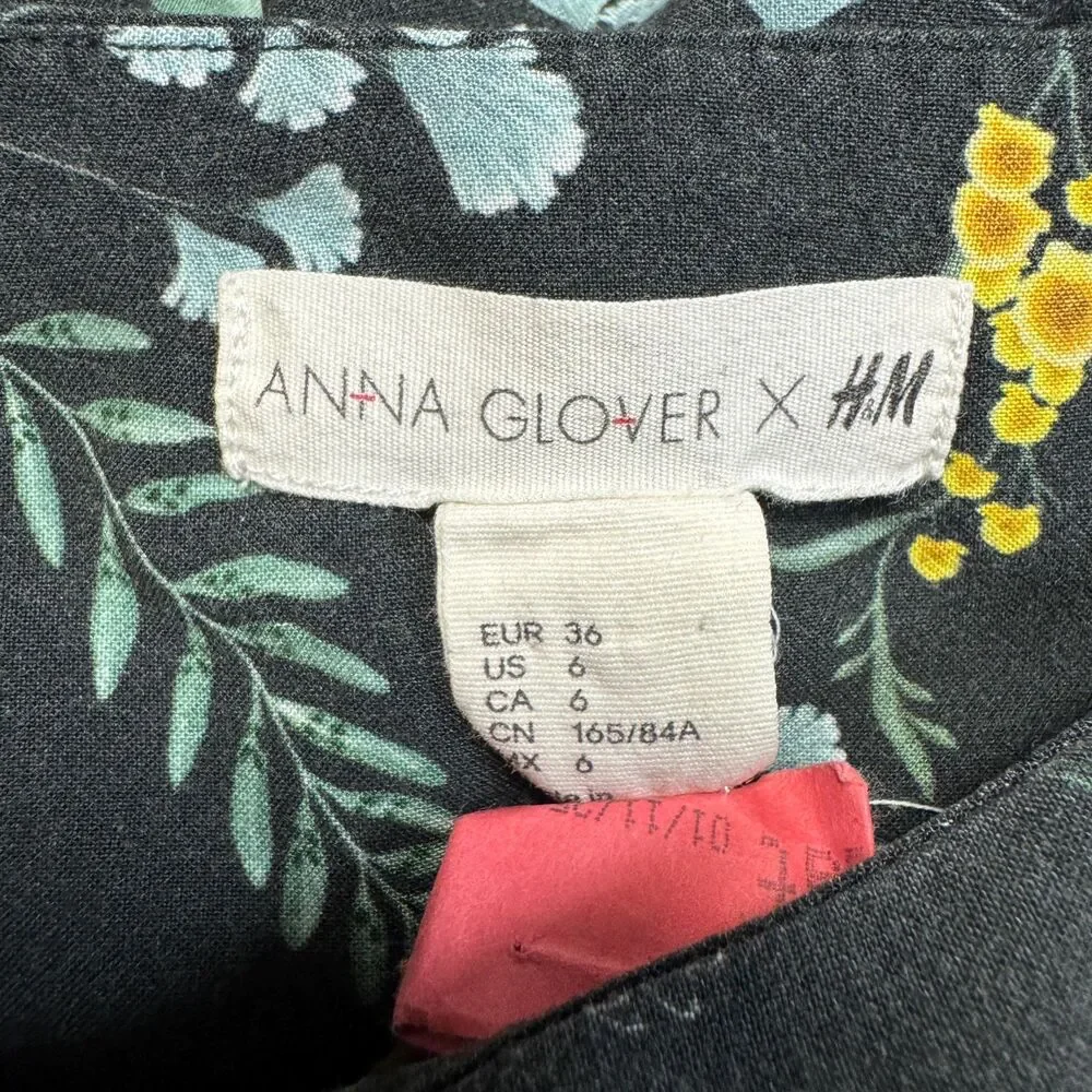 Anna Glover H&M Black Floral Blouse Women's 6 Casual 3/4 Sleeve Soft Shirt Top - Picture 3 of 5
